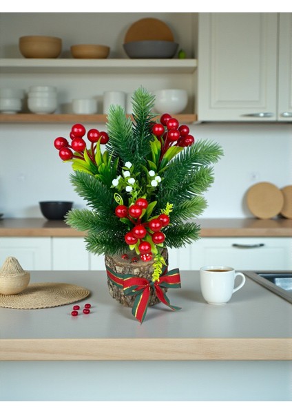 Yapay Çiçek Yılbaşı Süsü Doğal Kütük ve Yapay Kokina Çam Ağacı 30 cm Masa Üstü Dekor Ev Süsleri fiyatları