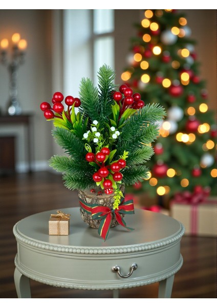 Yapay Çiçek Yılbaşı Süsü Doğal Kütük ve Yapay Kokina Çam Ağacı 30 cm Masa Üstü Dekor Ev Süsleri modelleri
