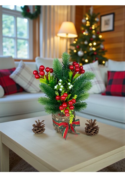 Yapay Çiçek Yılbaşı Süsü Doğal Kütük ve Yapay Kokina Çam Ağacı 30 cm Masa Üstü Dekor Ev Süsleri fırsatları
