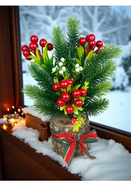 Yapay Çiçek Yılbaşı Süsü Doğal Kütük ve Yapay Kokina Çam Ağacı 30 cm Masa Üstü Dekor Ev Süsleri indirimleri