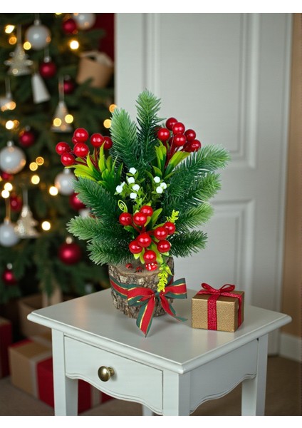 Yapay Çiçek Yılbaşı Süsü Doğal Kütük ve Yapay Kokina Çam Ağacı 30 cm Masa Üstü Dekor Ev Süsleri