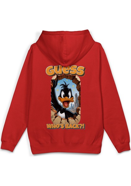 Daffy Duck Sırt Baskılı Kapüşonlu Oversize Sweatshirt Kırmızı Hoodie H1393