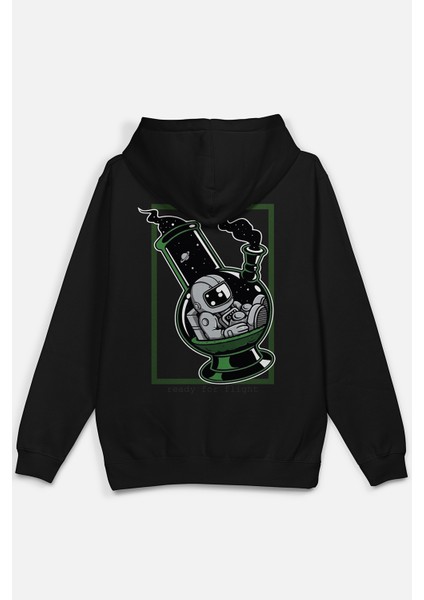 Bong Astronot Sırt Baskılı Kapüşonlu Oversize Sweatshirt Siyah Hoodie H1198