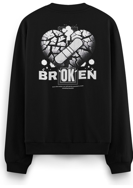Broken Heart Kırık Kalp Sırt Baskılı Siyah Oversize Sweatshirt S1224