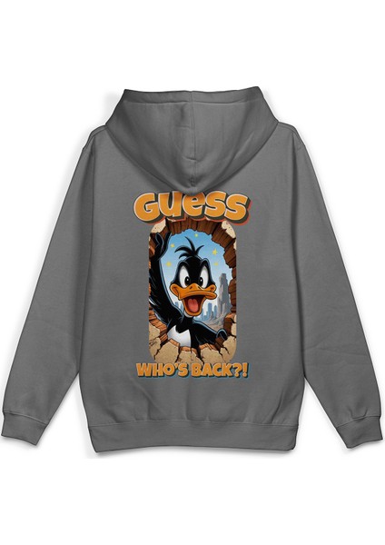 Daffy Duck Sırt Baskılı Kapüşonlu Oversize Sweatshirt Gri Hoodie H1393