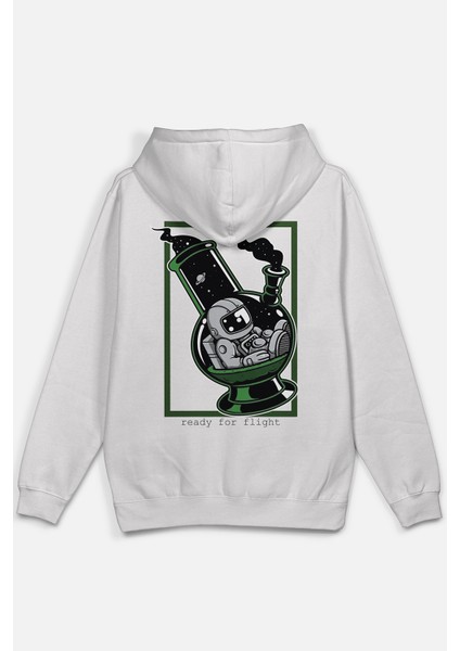 Bong Astronot Sırt Baskılı Kapüşonlu Oversize Sweatshirt Ekru Hoodie H1198