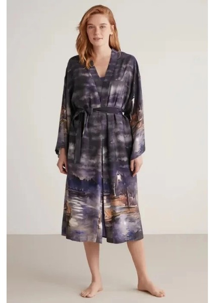 Nautıca W603 Kadın Baskılı Uzun Gecelik ve Sabahlık Takımı