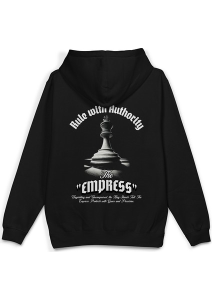 Empress Satranç Sırt Baskılı Kapüşonlu Oversize Sweatshirt Siyah Hoodie H1196