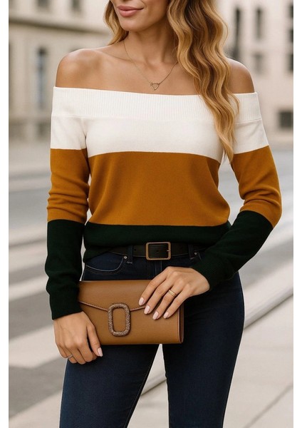 Kadın Uzun Kollu Omuzlardan Açık Uzun Kollu Blok Çizgili Triko Bluz modelleri