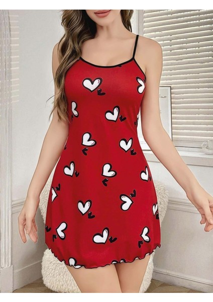 Kadın Kırmızı Beyaz Kalp Desenli Askılı Elbise 5063 fiyatları