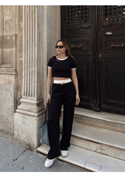 Crop Pantolon Biyeli Takım Siyah