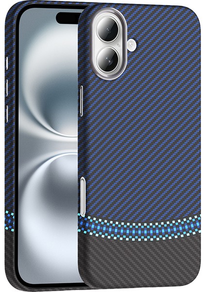 iPhone 16 Kılıf Magsafe Şarj Özellikli Karbon Fiber Görünümlü Aden Gros Kapak - Siyah-Lacivert