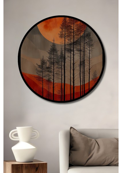 Çerçeve Görünümlü Kızıl Ay Ormanı Dekoratif Ahşap Mdf Yuvarlak Ev,iş Yeri Duvar Tablo
