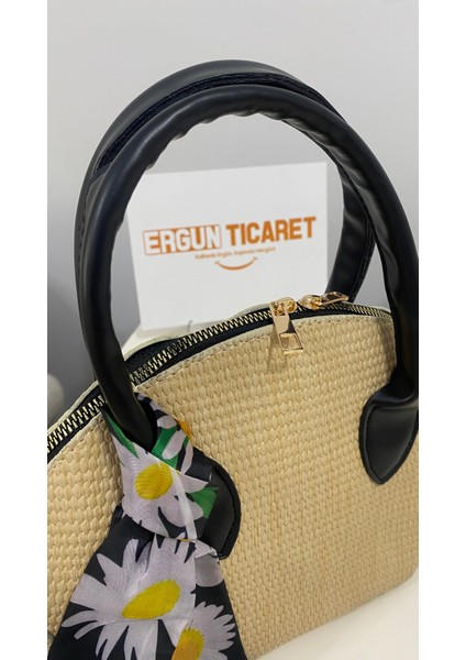 Şık Kadın Hasır Görünümlü Fularlı El ve Omuz Çantası / Omuz Çantası modelleri