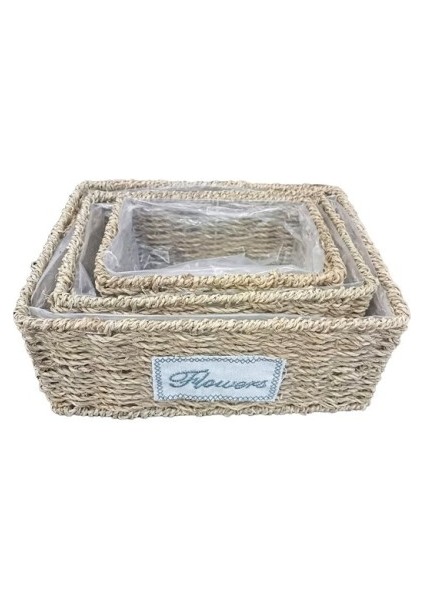 Dikdörtgen Doğal Hasır Saksı Seti - 3'lü