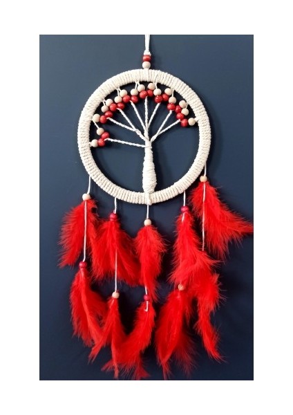 Kırmızı Kuş Tüylü Hayat Ağacı Düş Kapanı Duvar Süsü