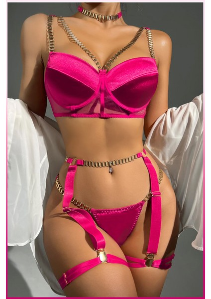 Fuşya Merdüven Zincirli Göğüs Balenli Kadın Seksi Jartiyer Takım fiyatları