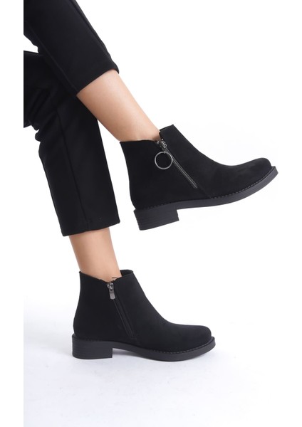 New Margaret Siyah Süet Kısa Topuklu Kadın Bot