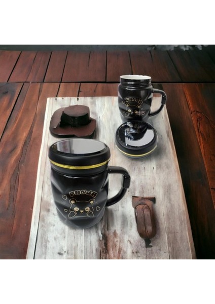 Ayna Kapaklı Panda Desenli Porselen Kupa Bardak Siyah Kupa Bardak modelleri