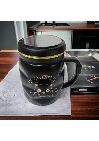Ayna Kapaklı Panda Desenli Porselen Kupa Bardak Siyah Kupa Bardak fırsatları
