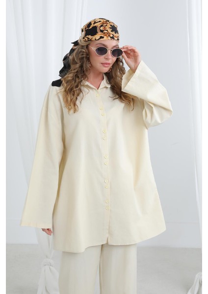 Kadın Düğme Detaylı Oversize Gömlekli TAKIM-20694TKS - Beıge