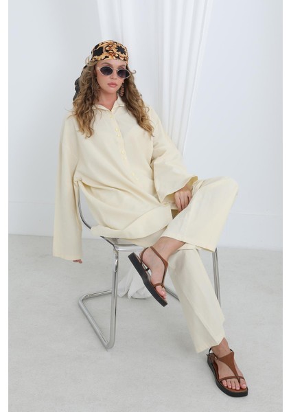 Kadın Düğme Detaylı Oversize Gömlekli TAKIM-20694TKS - Beıge fiyatları