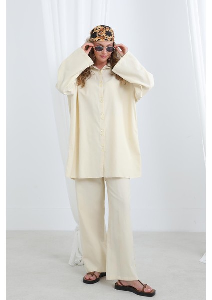 Kadın Düğme Detaylı Oversize Gömlekli TAKIM-20694TKS - Beıge fırsatları