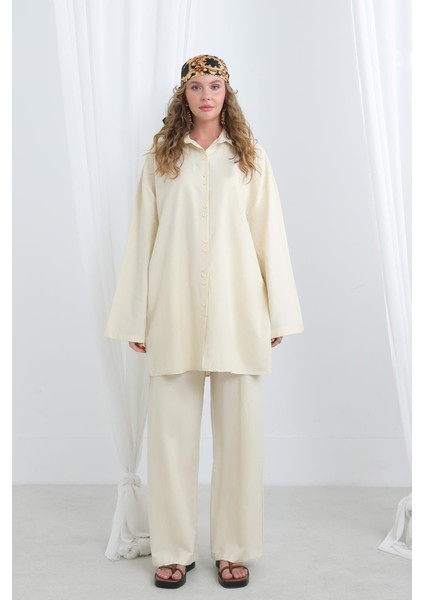 Kadın Düğme Detaylı Oversize Gömlekli TAKIM-20694TKS - Beıge indirimleri