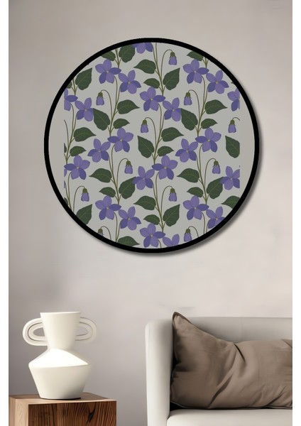 Çerçeve Görünümlü Mor Çiçekler Ahşap Mdf Dekoratif Işyeri Duvar Tablo Yuvarlak Işyeri Duvar Tablo