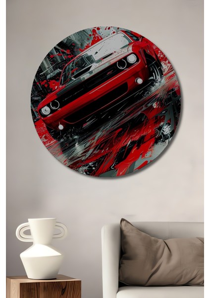Kırmızı Araba Şehir Sokaklarında Ahşap Mdf Dekoratif Tablo Yuvarlak Tablo