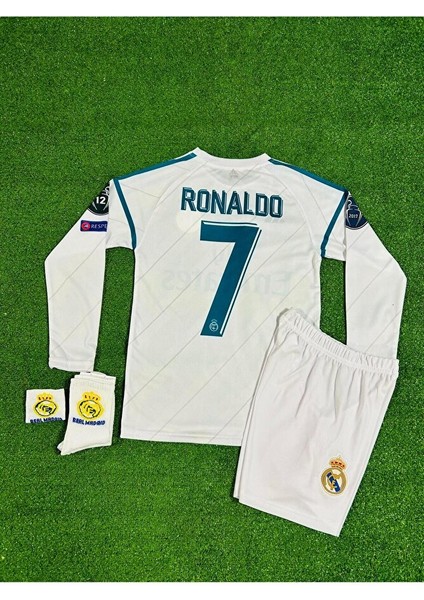 R.e.a.l Madrid 2018 Kiev Şampiyonlar Ligi Cristiano Ronaldo Uzun-Kol Çocuk Forması 4'lü (Armalı) fiyatları