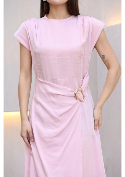 Toka ve Drape Detaylı Soft Saten Midi Elbise 6042-PEMBE modelleri