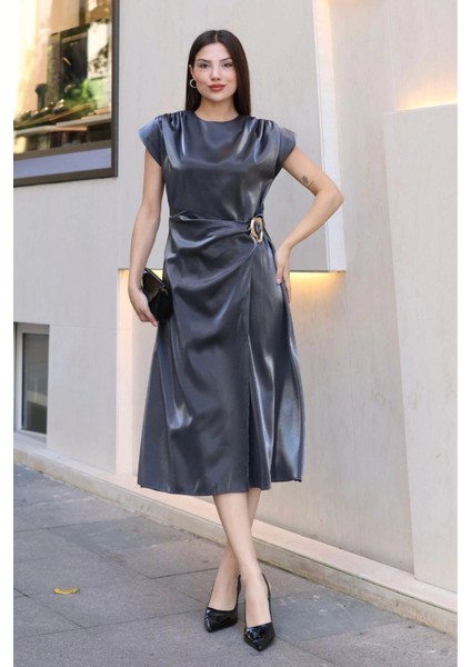 Toka ve Drape Detaylı Soft Saten Midi Elbise 6042-ANTRASIT