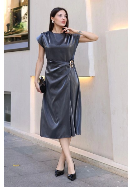 Toka ve Drape Detaylı Soft Saten Midi Elbise 6042-ANTRASIT fiyatları