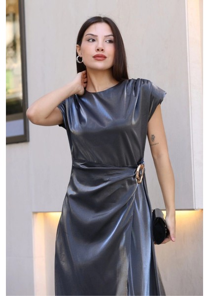 Toka ve Drape Detaylı Soft Saten Midi Elbise 6042-ANTRASIT indirimleri