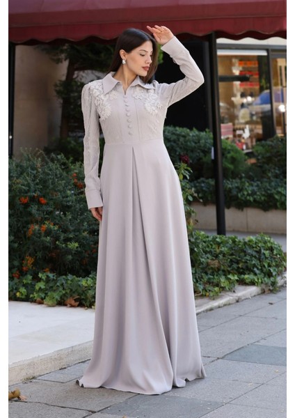 Gömlek Yaka Dantel Işleme ve Kaplamalı Kemerli Abiye Elbise 2764-TAŞ