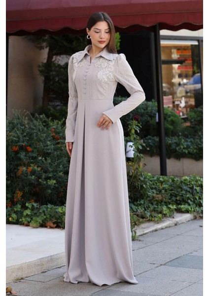 Gömlek Yaka Dantel Işleme ve Kaplamalı Kemerli Abiye Elbise 2764-TAŞ fiyatları