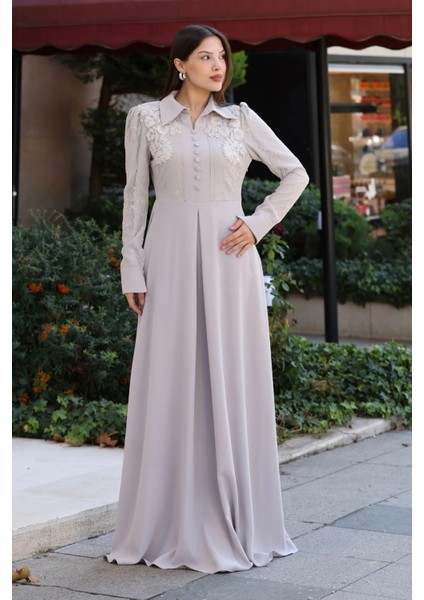 Gömlek Yaka Dantel Işleme ve Kaplamalı Kemerli Abiye Elbise 2764-TAŞ modelleri