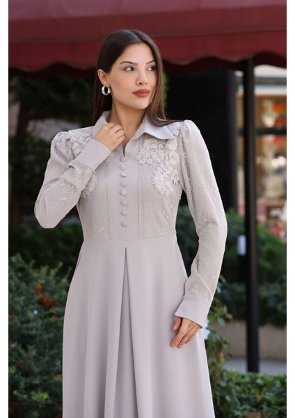 Gömlek Yaka Dantel Işleme ve Kaplamalı Kemerli Abiye Elbise 2764-TAŞ fırsatları