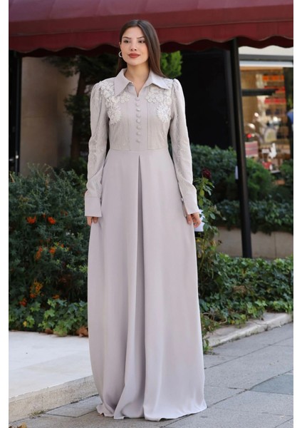 Gömlek Yaka Dantel Işleme ve Kaplamalı Kemerli Abiye Elbise 2764-TAŞ indirimleri