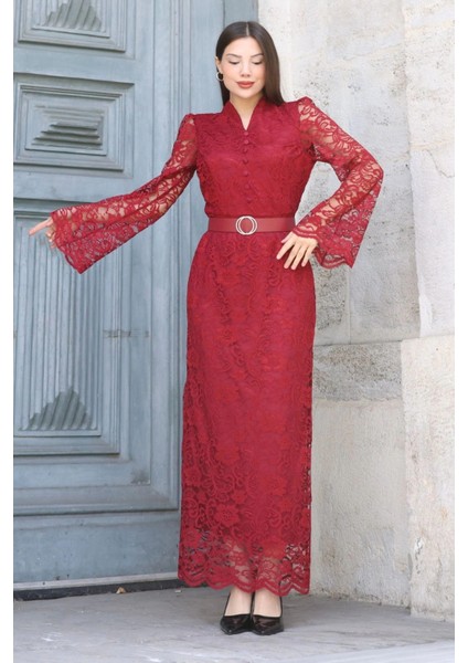 Hakim Yaka Kemerli Dantel Maxi Abiye Elbise 6032-BORDO