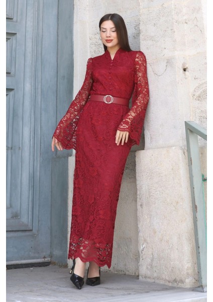 Hakim Yaka Kemerli Dantel Maxi Abiye Elbise 6032-BORDO modelleri