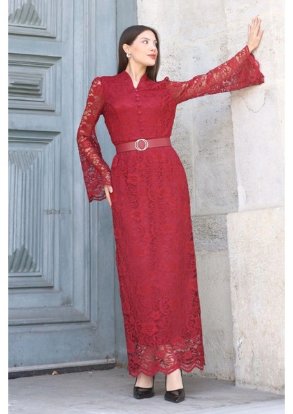 Hakim Yaka Kemerli Dantel Maxi Abiye Elbise 6032-BORDO fırsatları