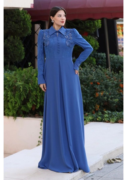 Gömlek Yaka Dantel Işleme ve Kaplamalı Kemerli Abiye Elbise 2764-İNDIGO