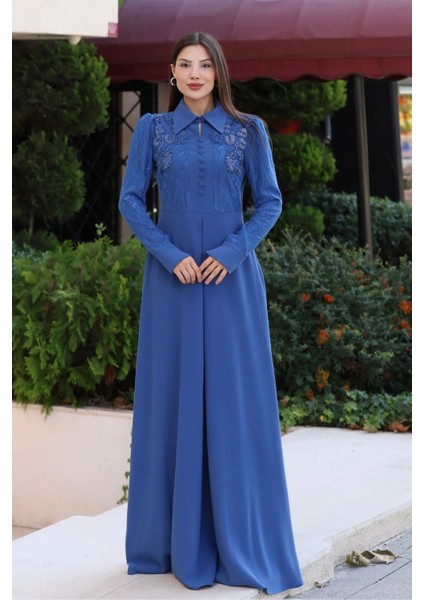 Gömlek Yaka Dantel Işleme ve Kaplamalı Kemerli Abiye Elbise 2764-İNDIGO fiyatları