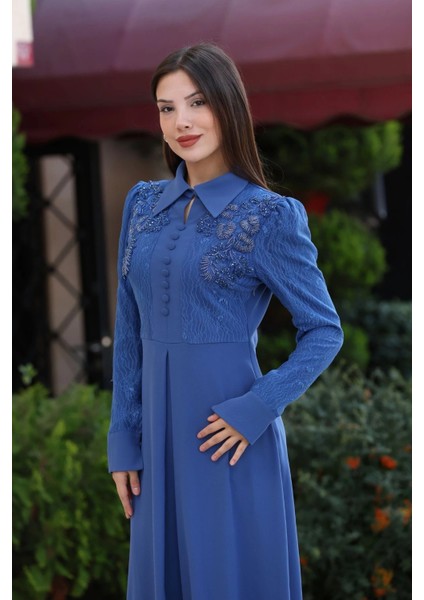 Gömlek Yaka Dantel Işleme ve Kaplamalı Kemerli Abiye Elbise 2764-İNDIGO modelleri