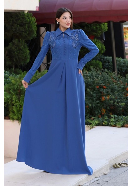 Gömlek Yaka Dantel Işleme ve Kaplamalı Kemerli Abiye Elbise 2764-İNDIGO fırsatları