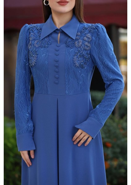 Gömlek Yaka Dantel Işleme ve Kaplamalı Kemerli Abiye Elbise 2764-İNDIGO indirimleri