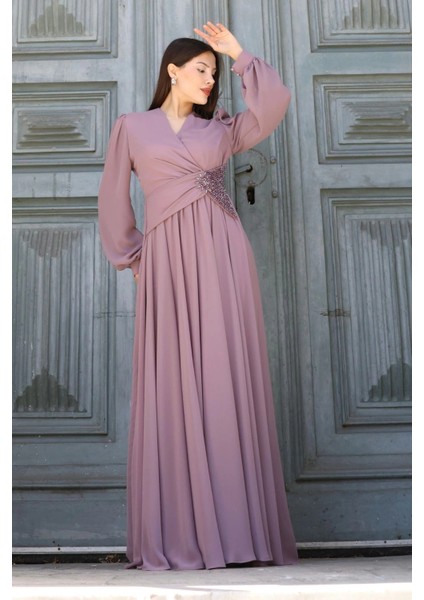 Bel Detaylı Kruvaze Yaka Abiye Elbise 2763-GÜL Kurusu