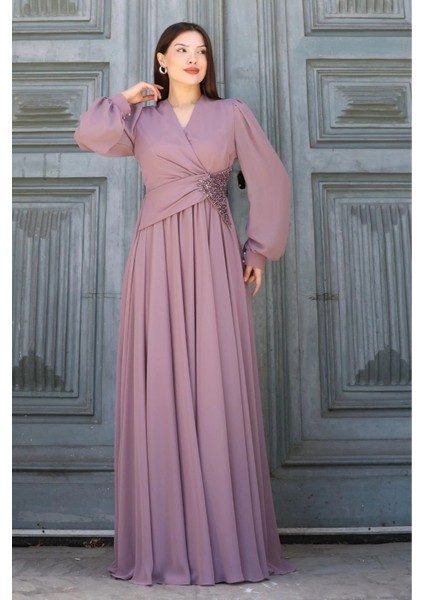 Bel Detaylı Kruvaze Yaka Abiye Elbise 2763-GÜL Kurusu fiyatları